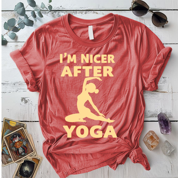 I'm Nicer After Yoga T-Shirt Mockup Coral Silk