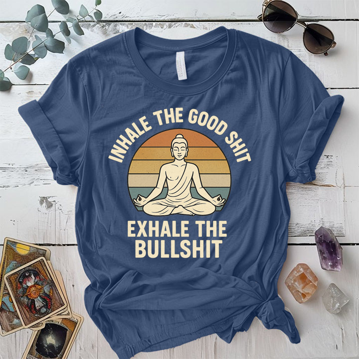 Inhale The Good Shit Buddha T-Shirt Mockup Indigo Blue