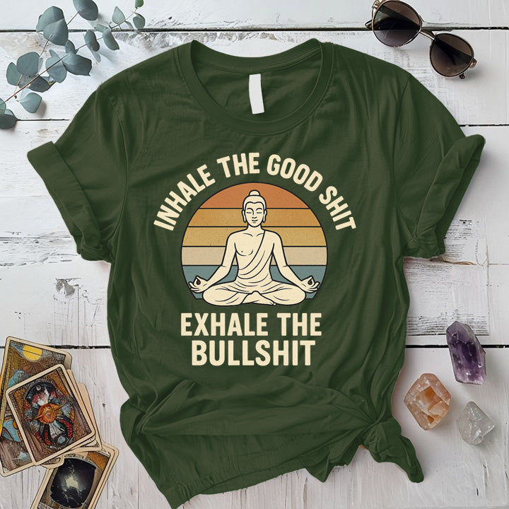 Inhale The Good Shit Buddha T-Shirt Mockup Military Green