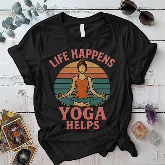 Life Happens Yoga Helps Retro T-Shirt Mockup black