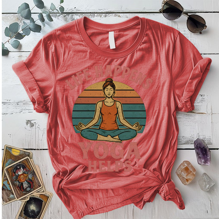 Life Happens Yoga Helps Retro T-Shirt Mockup coral-silk