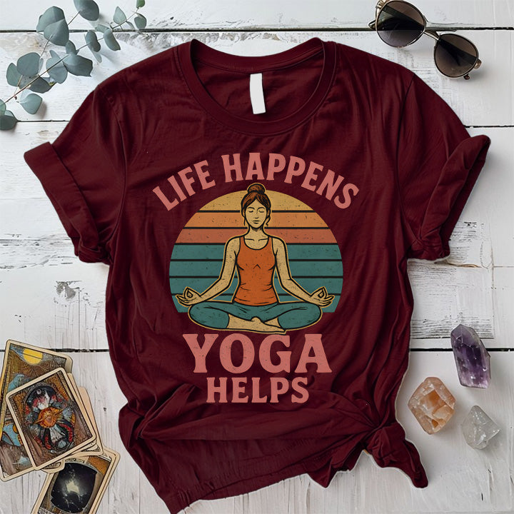 Life Happens Yoga Helps Retro T-Shirt Mockup maroon