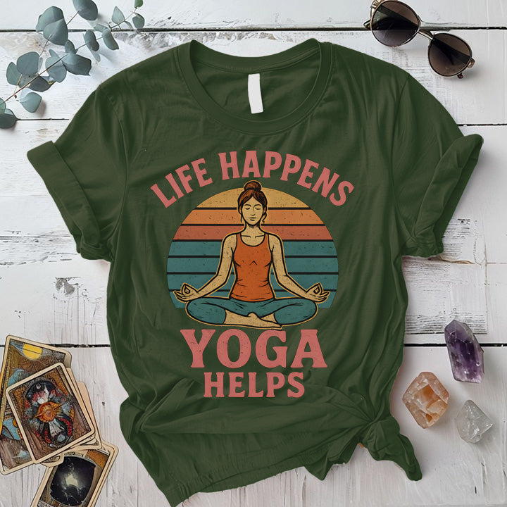 Life Happens Yoga Helps Retro T-Shirt Mockup military-green