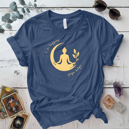 Life Happens Yoga Helps T-Shirt Mockup indigo-blue