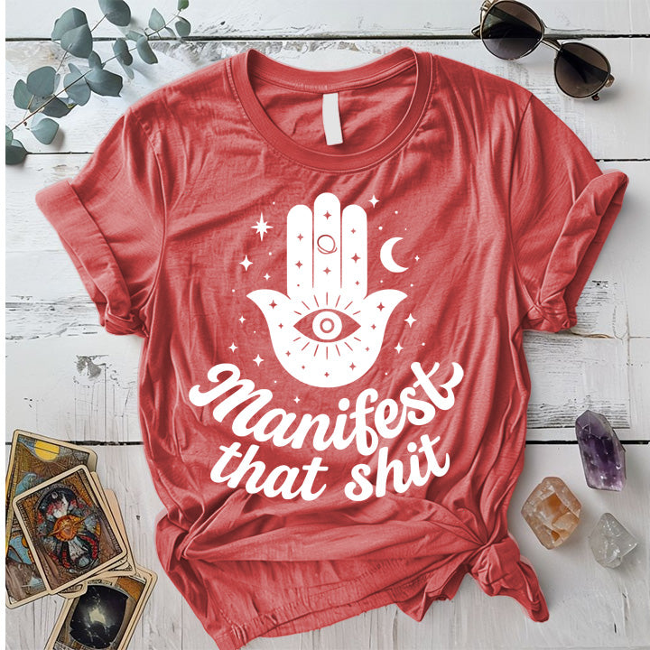 Manifest That Shit Hand T-Shirt Mockup Coral Silk