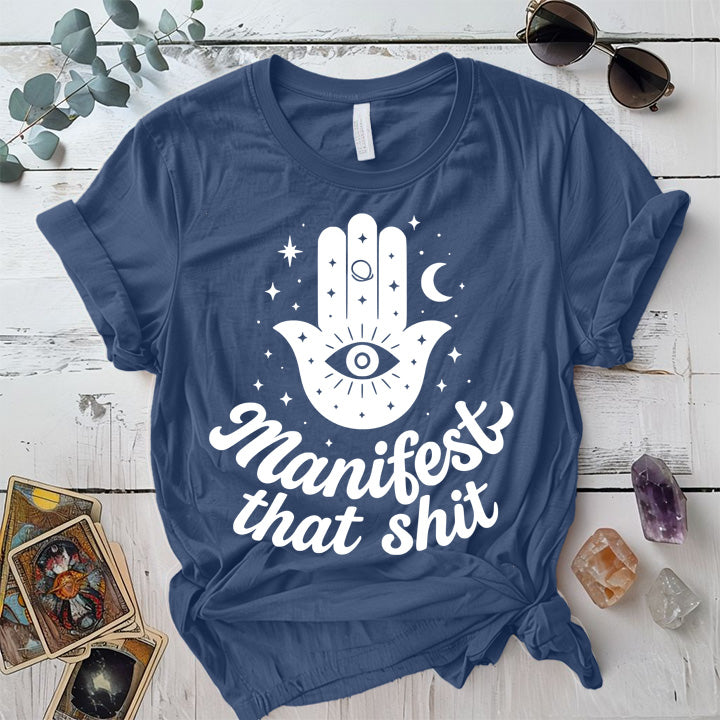 Manifest That Shit Hand T-Shirt Mockup Indigo Blue