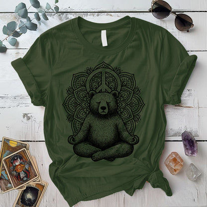 Meditating Bear Mandala T-Shirt Mockup Military Green