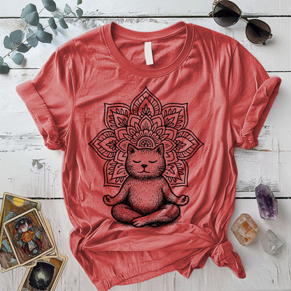 Meditating Cat Mandala T-Shirt Mockup Coral Silk