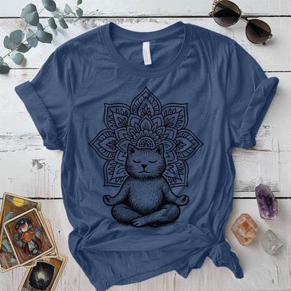 Meditating Cat Mandala T-Shirt Mockup Indigo Blue