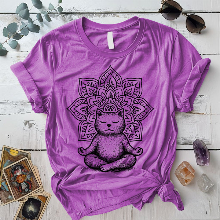 Meditating Cat Mandala T-Shirt Mockup Heather Radiant Orchid