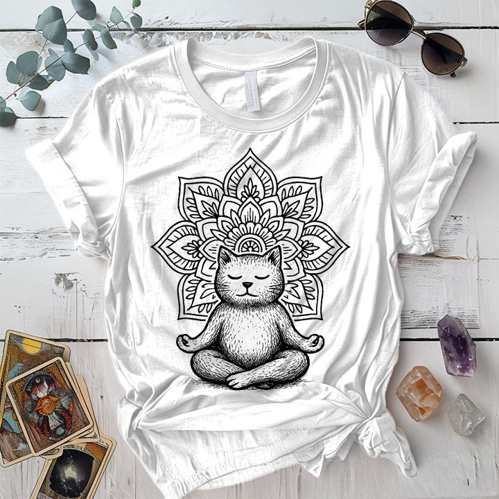 Meditating Cat Mandala T-Shirt Mockup White
