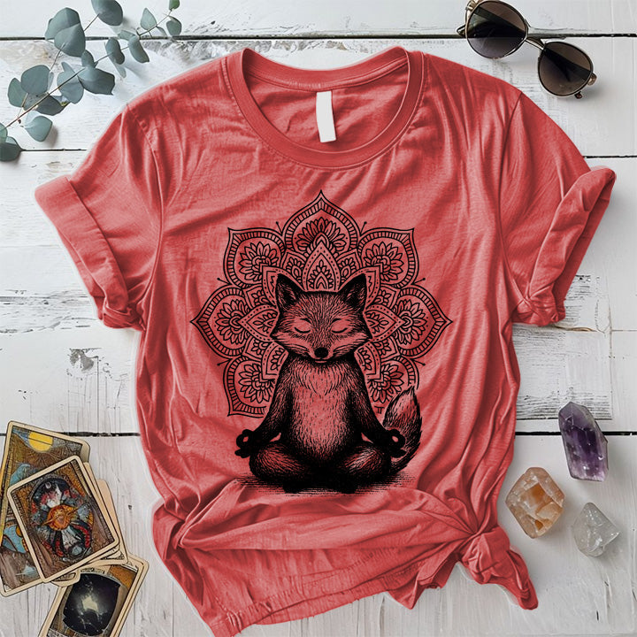 Meditating Fox Mandala T-Shirt Mockup Coral Silk