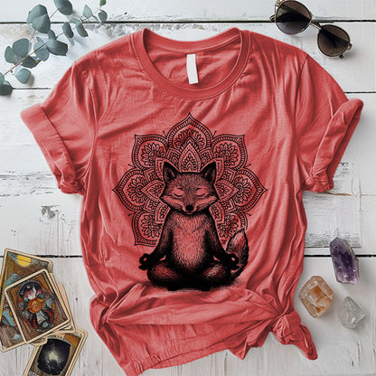 Meditating Fox Mandala T-Shirt Mockup Coral Silk