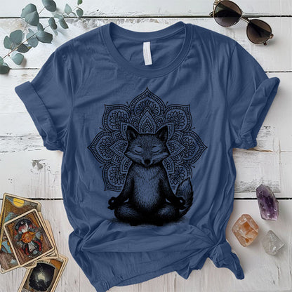 Meditating Fox Mandala T-Shirt Mockup Indigo Blue