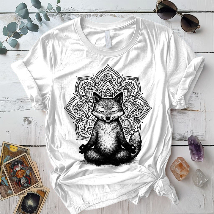 Meditating Fox Mandala T-Shirt Mockup White