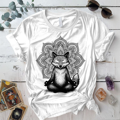 Meditating Fox Mandala T-Shirt Mockup White