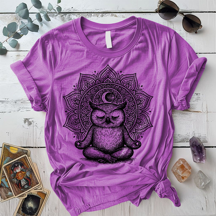 Meditating Owl Mandala T-Shirt Mockup Heather Radiant Orchid