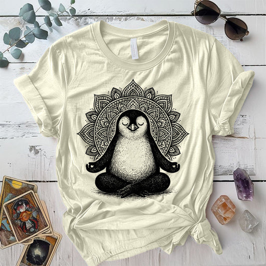 Meditating Penguin Mandala T-Shirt Mockup Natural