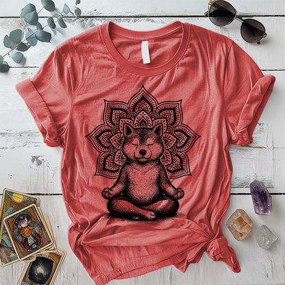 Meditating Shiba Dog Mandala T-Shirt Mockup Coral Silk