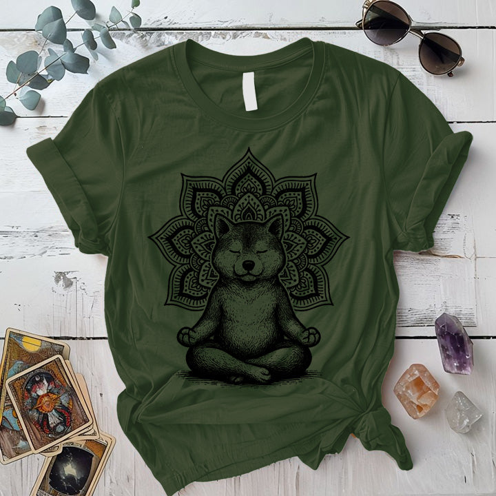 Meditating Shiba Dog Mandala T-Shirt Mockup Military Green