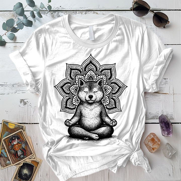 Meditating Shiba Dog Mandala T-Shirt Mockup White