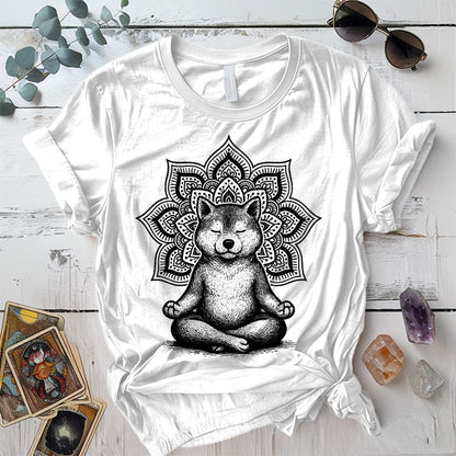 Meditating Shiba Dog Mandala T-Shirt Mockup White
