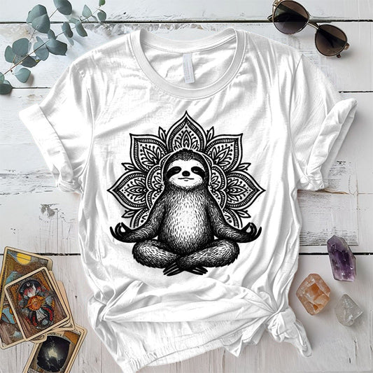 Meditating Sloth Mandala T-Shirt Mockup White