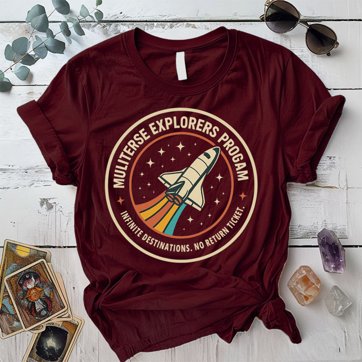 Multiverse Explorers Program T-Shirt Mockup Maroon