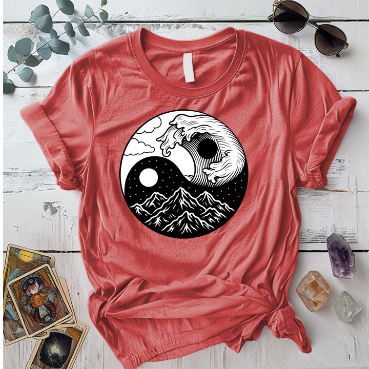 Mystic Tides and Peaks T-Shirt Mockup Coral Silk