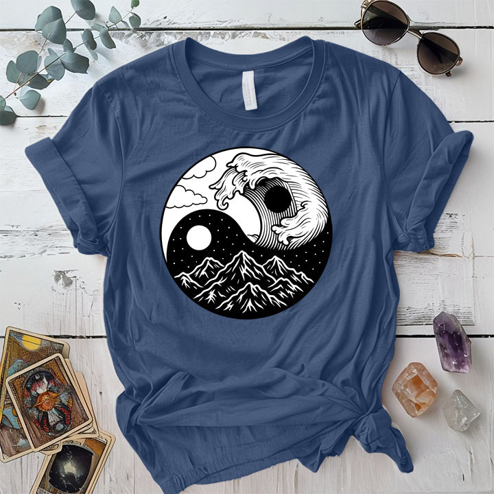 Mystic Tides and Peaks T-Shirt Mockup Indigo Blue