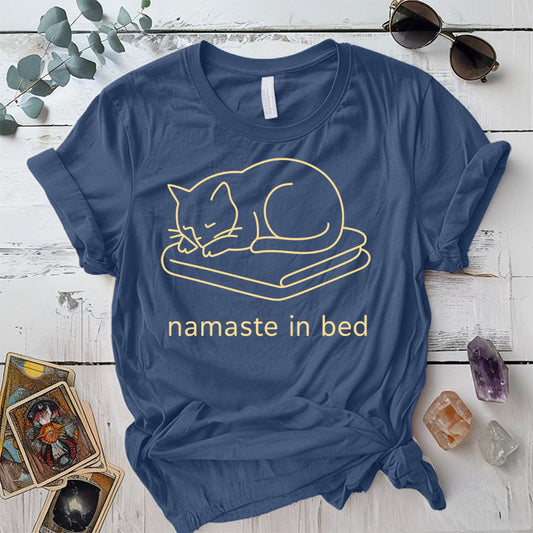 Namaste In Bed Cat T-Shirt Mockup Indigo Blue