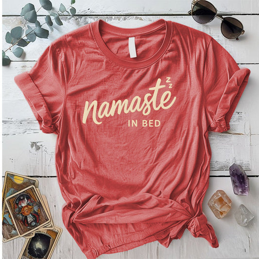Namaste In Bed T-Shirt Mockup Coral Silk