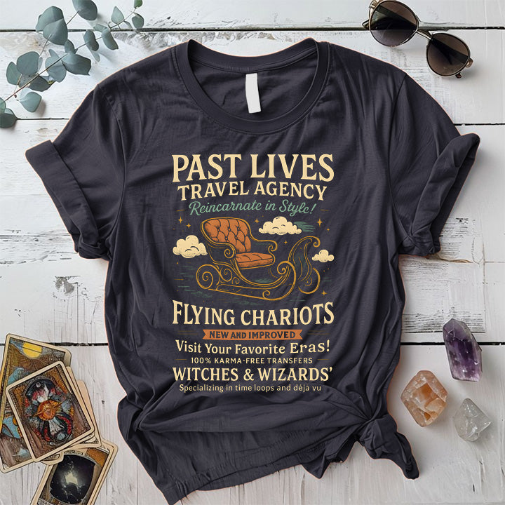 Past Lives Travel Agency T-Shirt Mockup Dark Heather Grey