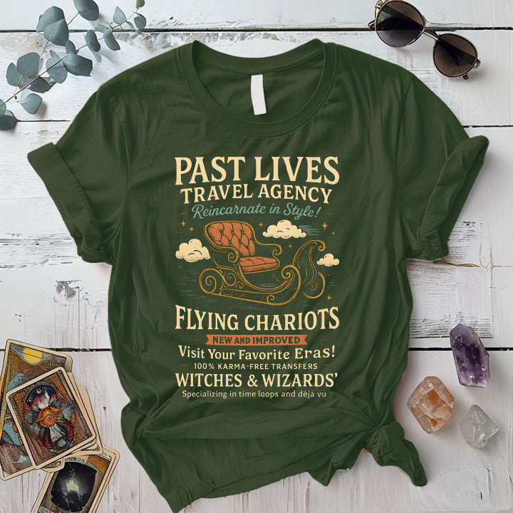 Past Lives Travel Agency T-Shirt Mockup Military Green