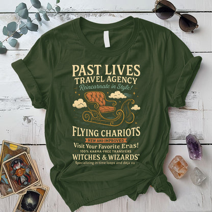Past Lives Travel Agency T-Shirt Mockup Military Green