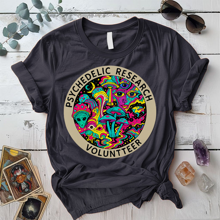Psychedelic Research Volunteer T-Shirt Mockup Dark Heather Grey
