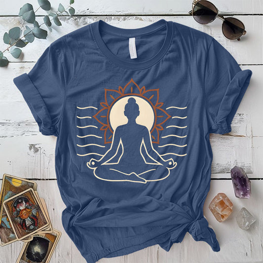 Radiant Lotus Pose T-Shirt Mockup Indigo Blue