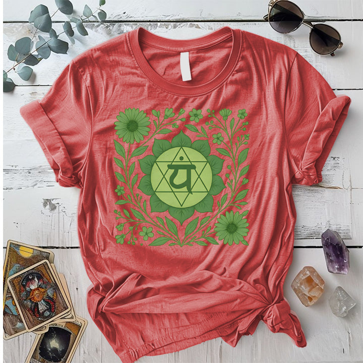 Retro Floral Heart Chakra T-Shirt Mockup Coral Silk