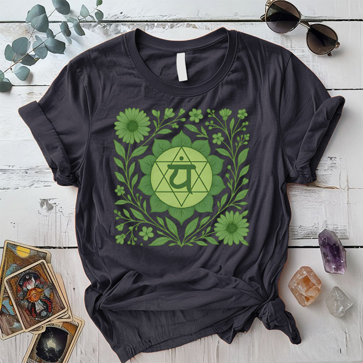 Retro Floral Heart Chakra T-Shirt Mockup Dark Heather Grey