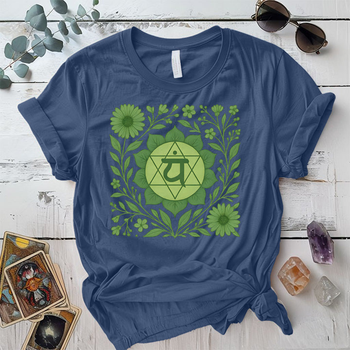 Retro Floral Heart Chakra T-Shirt Mockup Indigo Blue
