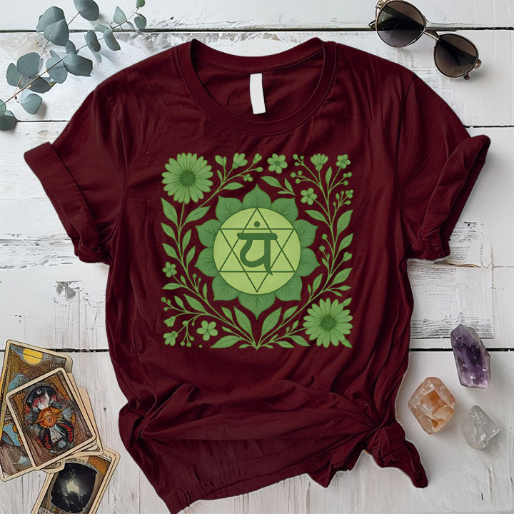 Retro Floral Heart Chakra T-Shirt Mockup Maroon