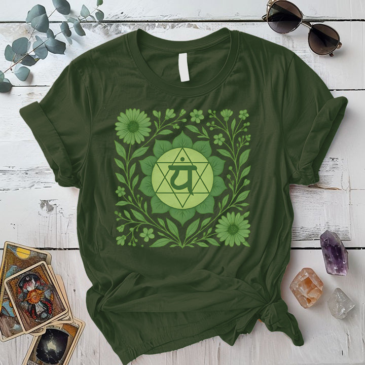 Retro Floral Heart Chakra T-Shirt Mockup Military Green