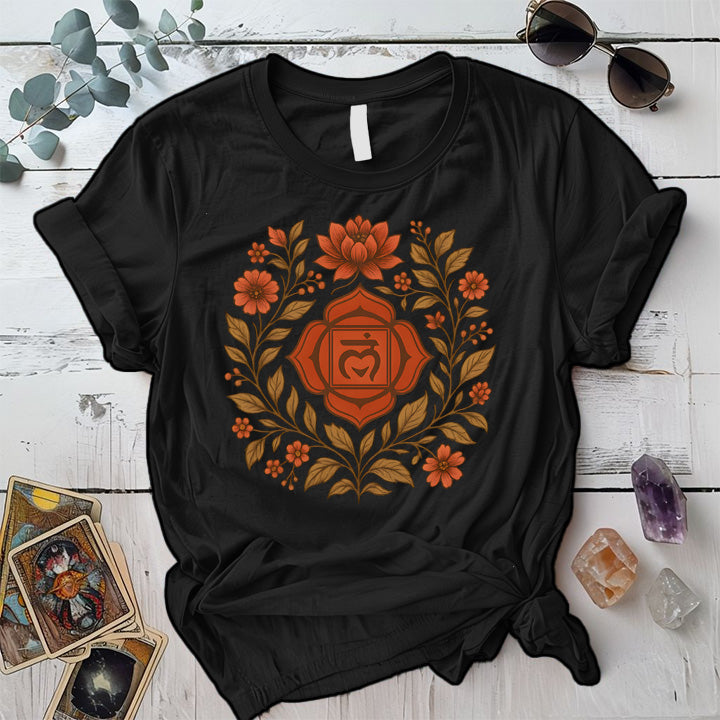 Retro Floral Root Chakra T-Shirt Mockup Black
