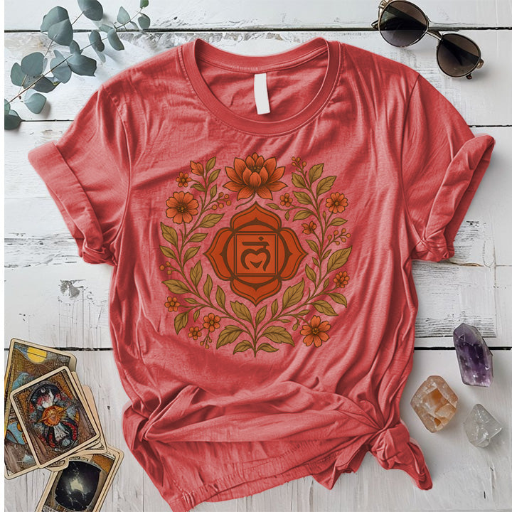 Retro Floral Root Chakra T-Shirt Mockup Coral Silk