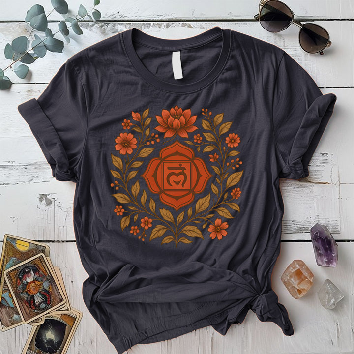 Retro Floral Root Chakra T-Shirt Mockup Dark Heather Grey