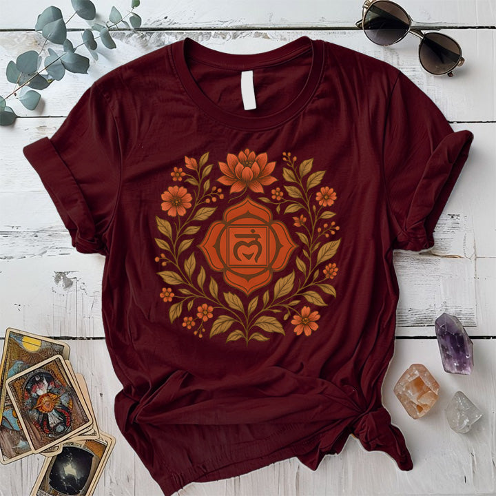 Retro Floral Root Chakra T-Shirt Mockup Maroon