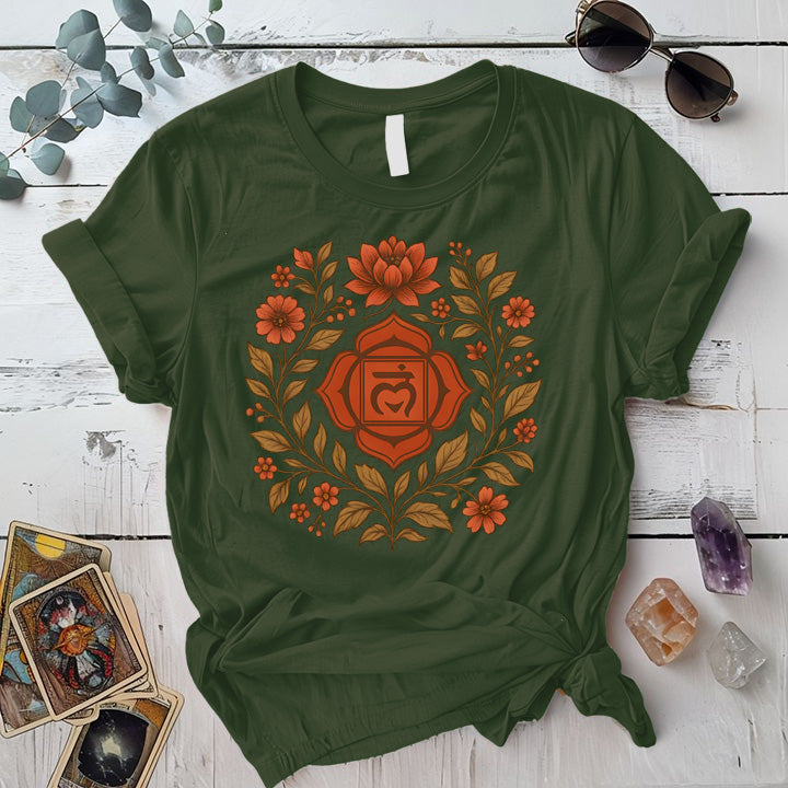 Retro Floral Root Chakra T-Shirt Mockup Military Green
