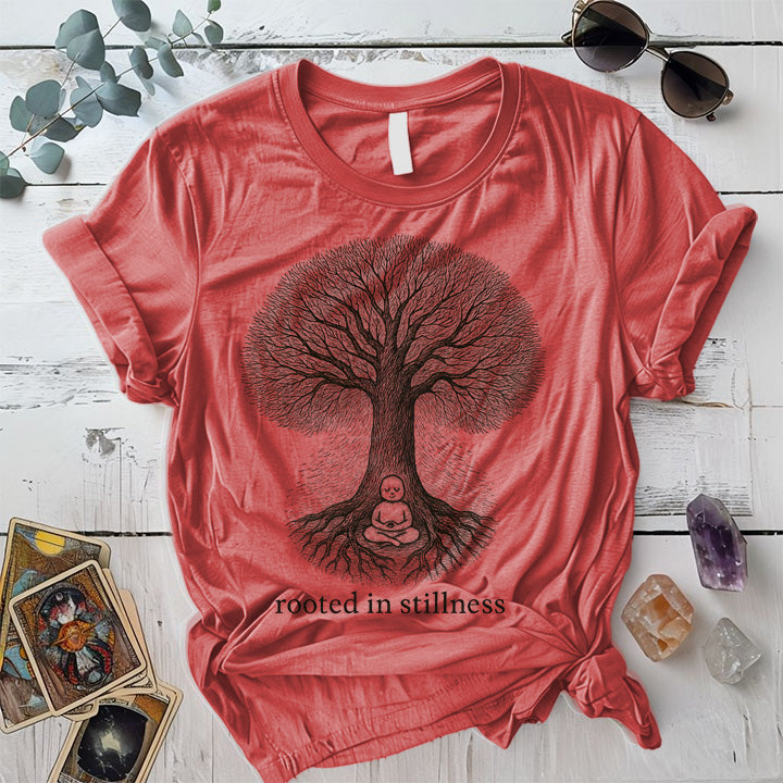 Rooted in Stillness Tree T-Shirt Mockup Coral Silk