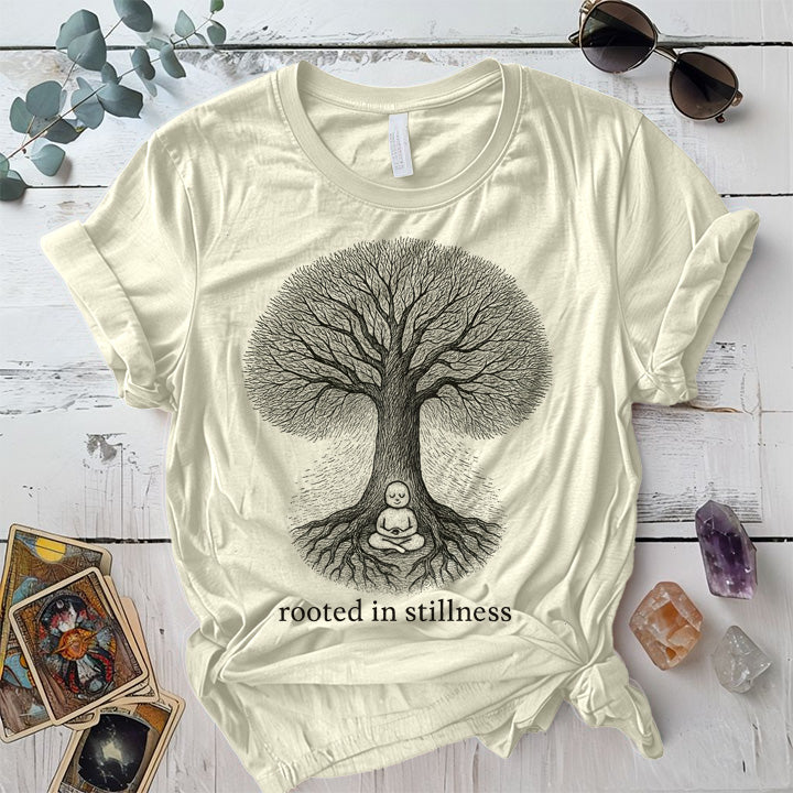 Rooted in Stillness Tree T-Shirt Mockup Natural