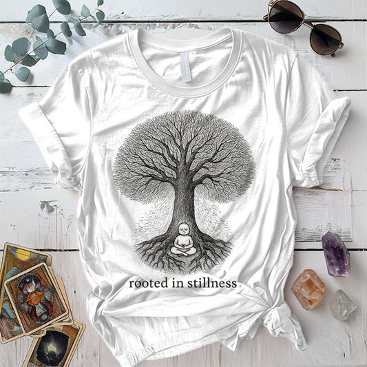 Rooted in Stillness Tree T-Shirt Mockup White
